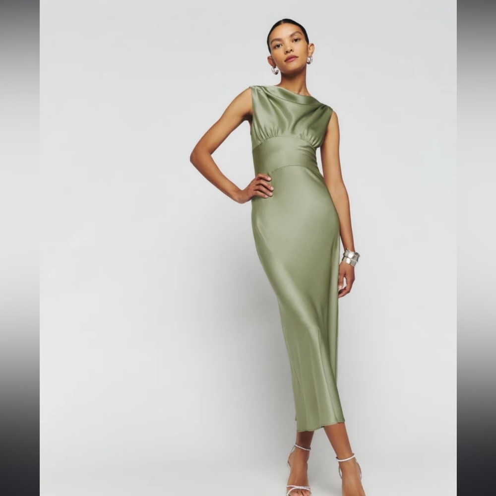 NWT Reformation High Cowl Neck Dessa Satin Dress Green